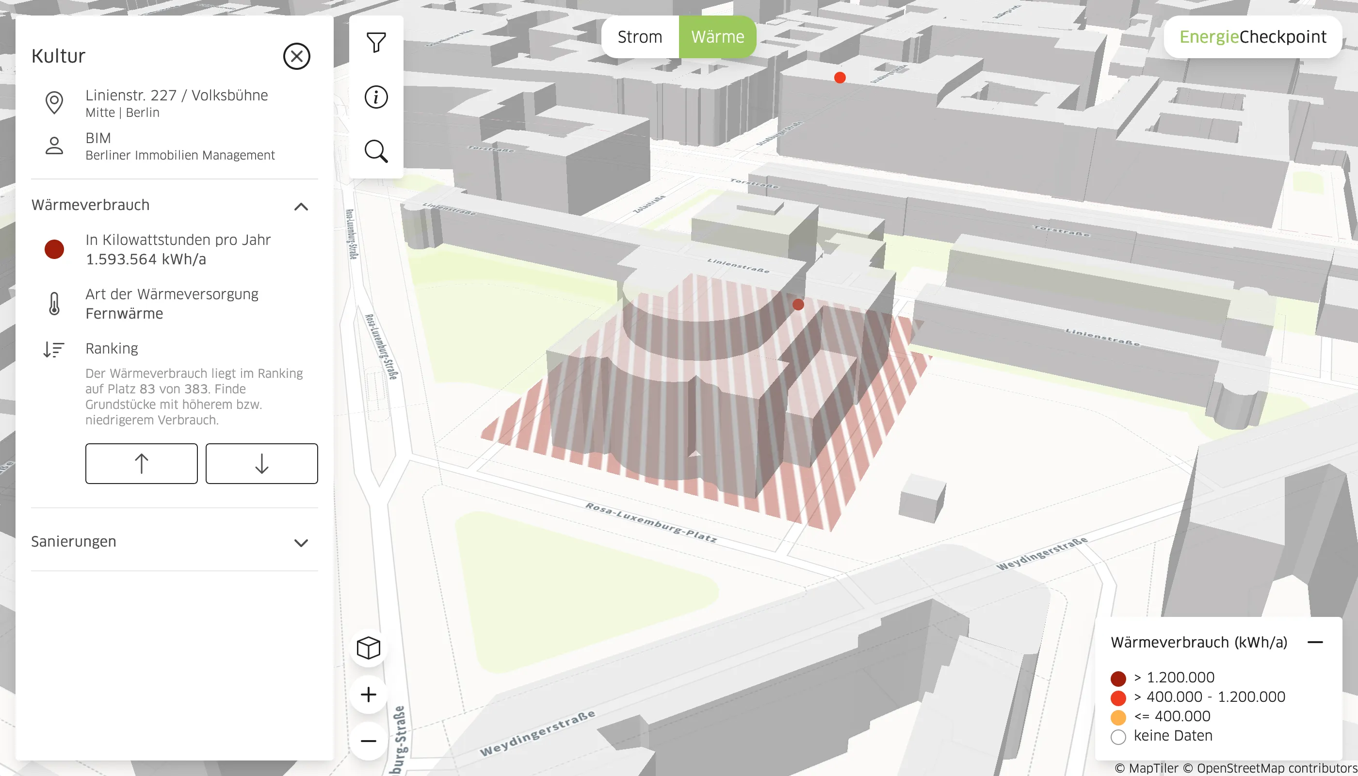 Dieser Ausschnitt zeigt die Volksbühne, die einen Wärmevebrauch von über 1.500 kWh im Jahr aufweist.